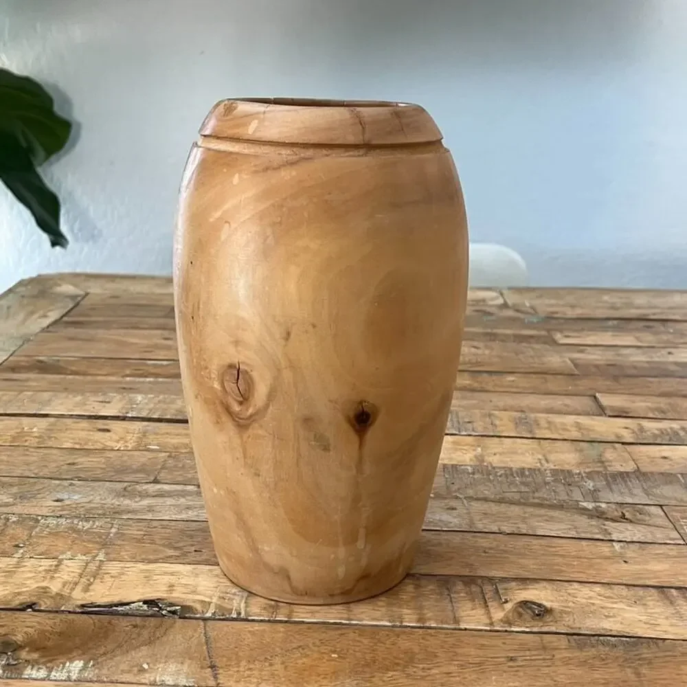 Hand Turned Wooden Table Vase 9” Tall Artist Made Light Brown